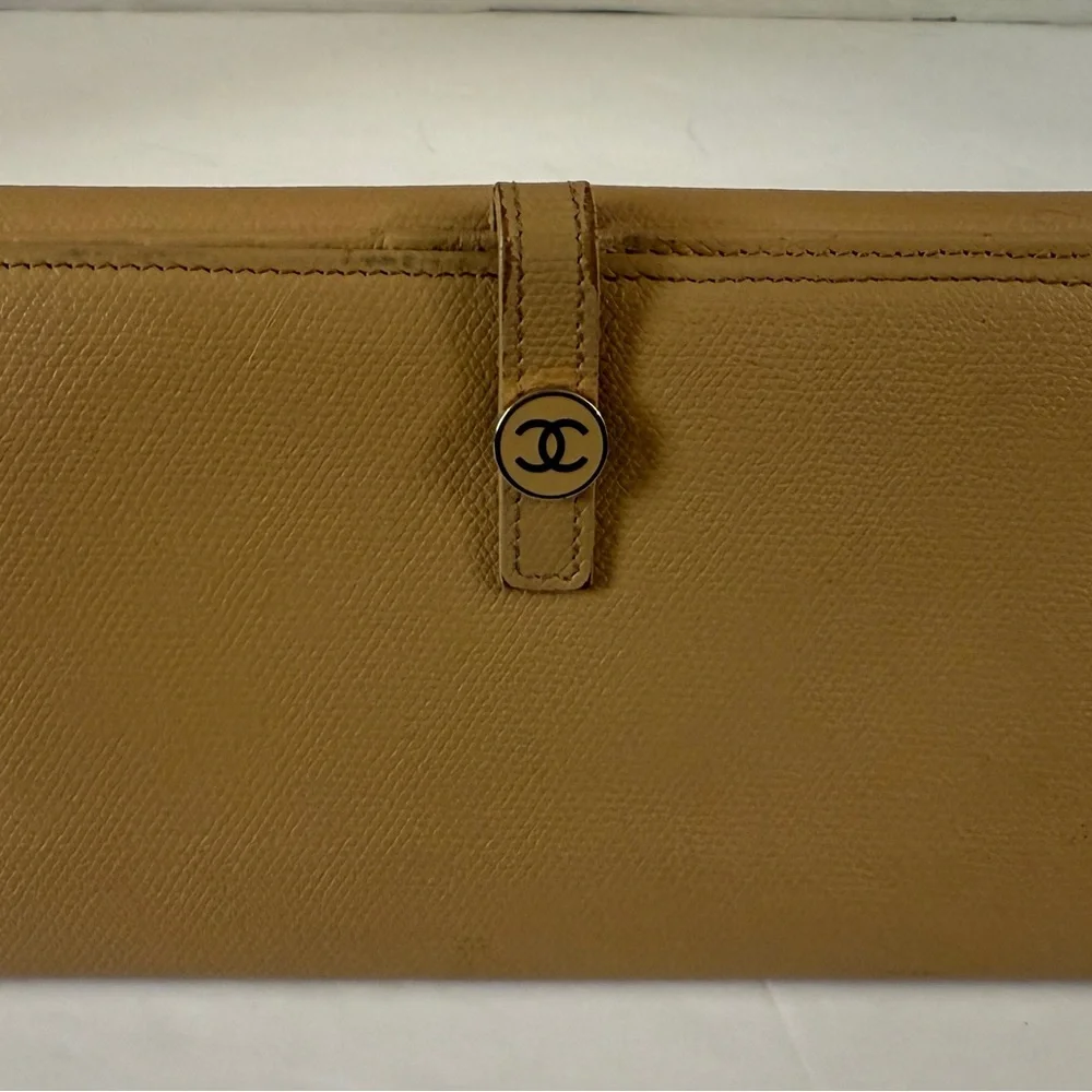 CHANEL Long Wallet Double Sided Snap‎ Button Beige Leather Authentic